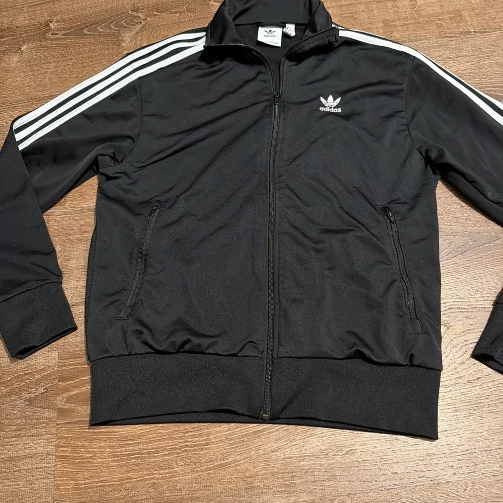 Adidas Three Stripe Black Track Jacket Mens Medium Trefoil Zip Up Activewear